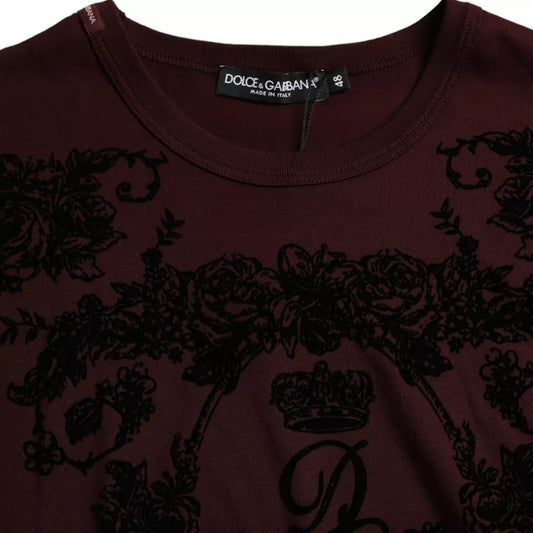 Dolce &amp; Gabbana – Kastanienbraunes T-Shirt mit Rundhalsausschnitt und Blumenmuster in Kronenform für Herren