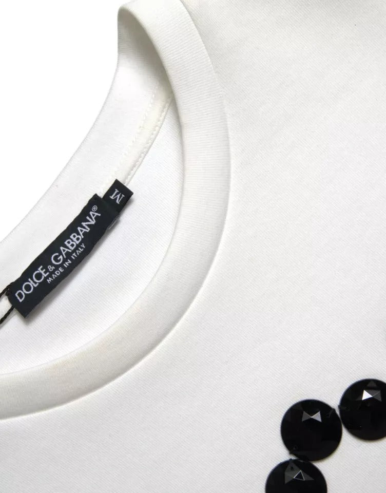 Dolce &amp; Gabbana Weißes Baumwoll-Schwarz-T-Shirt mit heißem Kristall