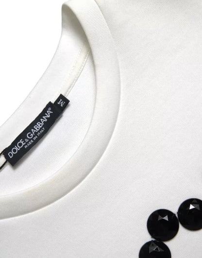 Dolce &amp; Gabbana Weißes Baumwoll-Schwarz-T-Shirt mit heißem Kristall