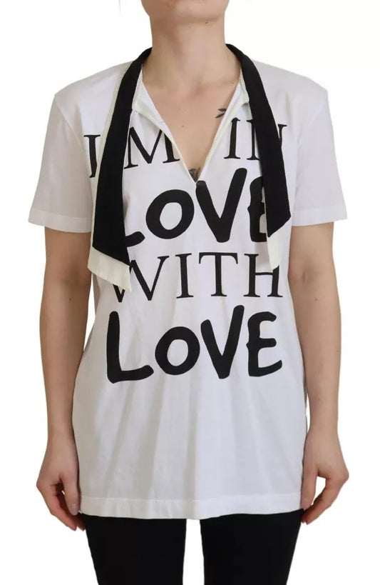 Dolce &amp; Gabbana – Weißes T-Shirt aus Baumwolle mit Ascot-Kragen und Aufdruck