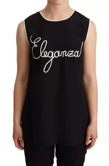 Dolce &amp; Gabbana Schwarzes ärmelloses Seiden-Tanktop mit Eleganza-Print