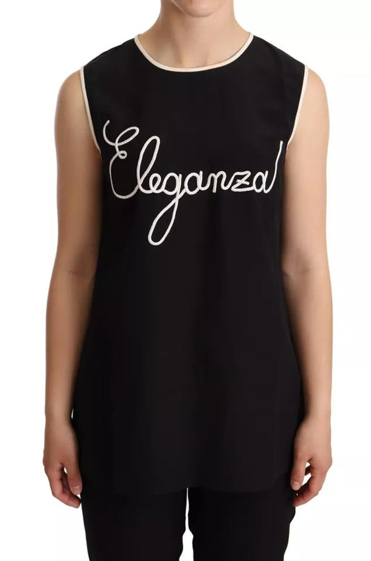 Dolce &amp; Gabbana Schwarzes ärmelloses Seiden-Tanktop mit Eleganza-Print
