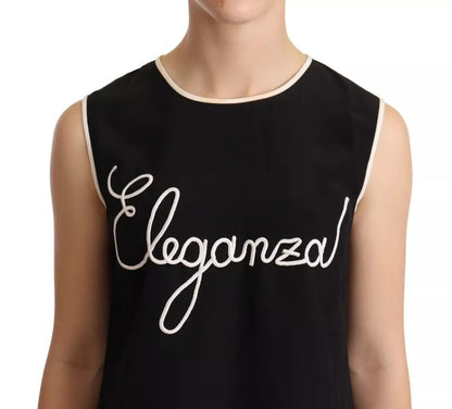Dolce &amp; Gabbana Schwarzes ärmelloses Seiden-Tanktop mit Eleganza-Print