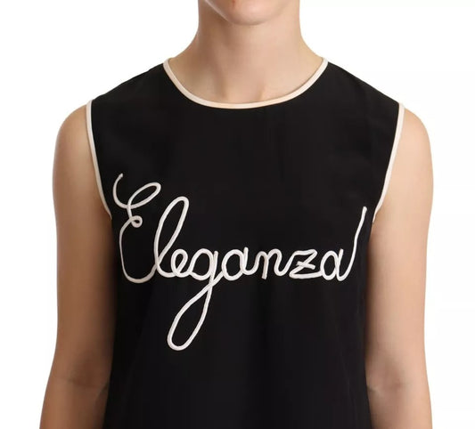 Dolce &amp; Gabbana Schwarzes ärmelloses Seiden-Tanktop mit Eleganza-Print