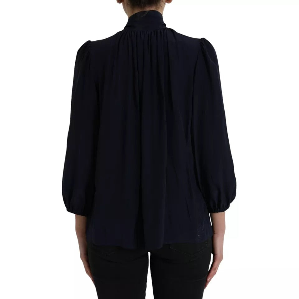 Dolce &amp; Gabbana – Blaues Blusenoberteil mit langen Ärmeln und Ascot-Kragen