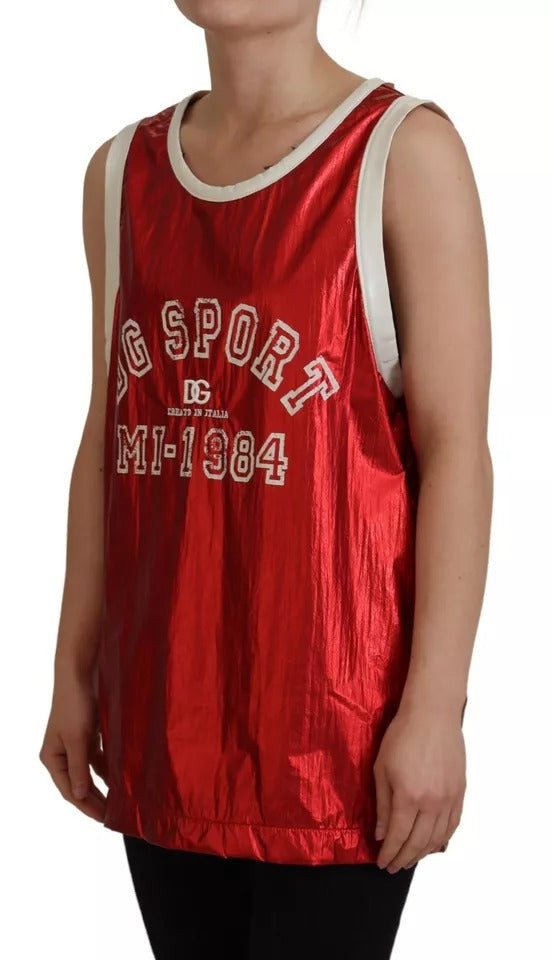 Dolce &amp; Gabbana, rotes, ärmelloses Jersey-Top mit Logo-Print aus Nylon