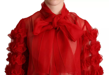 Dolce &amp; Gabbana – Rote Bluse aus Seide mit Ascot-Kragen und Rüschen