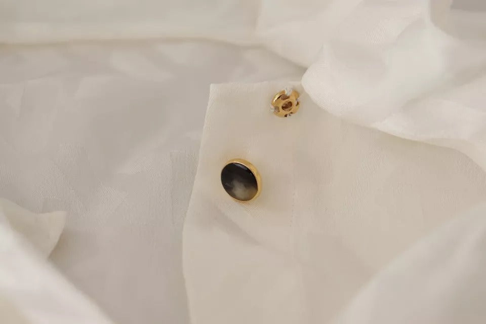 Dolce &amp; Gabbana – Blusentop aus Seide mit Ascot-Kragen in Weiß mit Muster