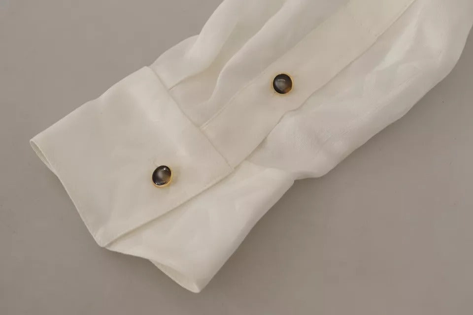 Dolce &amp; Gabbana – Blusentop aus Seide mit Ascot-Kragen in Weiß mit Muster