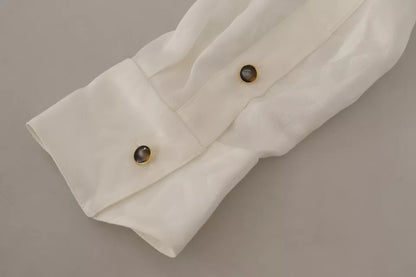 Dolce &amp; Gabbana – Blusentop aus Seide mit Ascot-Kragen in Weiß mit Muster