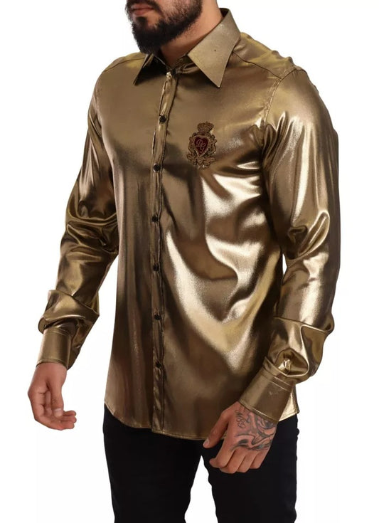 Dolce &amp; Gabbana – Seidenoberhemd mit DG-Kronenstickerei in Metallic-Gold