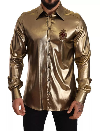 Dolce &amp; Gabbana – Seidenoberhemd mit DG-Kronenstickerei in Metallic-Gold
