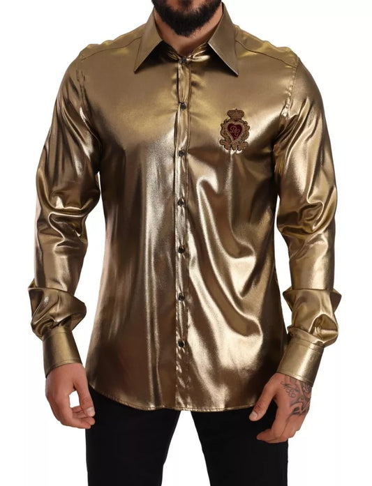 Dolce &amp; Gabbana – Seidenoberhemd mit DG-Kronenstickerei in Metallic-Gold