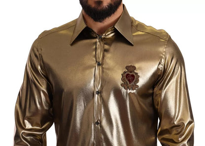 Dolce &amp; Gabbana – Seidenoberhemd mit DG-Kronenstickerei in Metallic-Gold