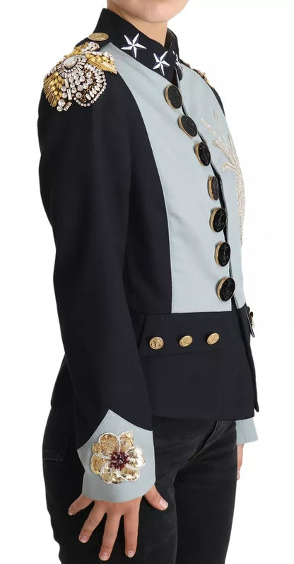 Dolce &amp; Gabbana – Blaue Baumwolljacke mit Knöpfen und Kristallverzierung