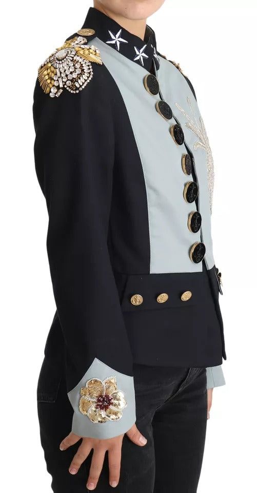 Dolce &amp; Gabbana – Blaue Baumwolljacke mit Knöpfen und Kristallverzierung