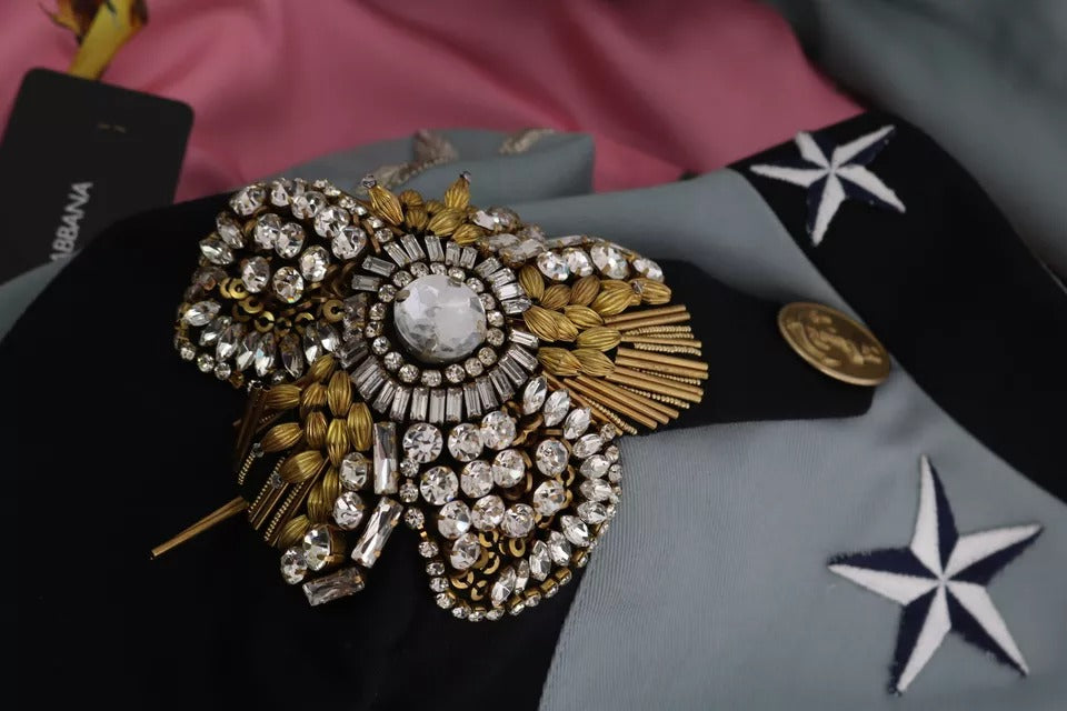 Dolce &amp; Gabbana – Blaue Baumwolljacke mit Knöpfen und Kristallverzierung