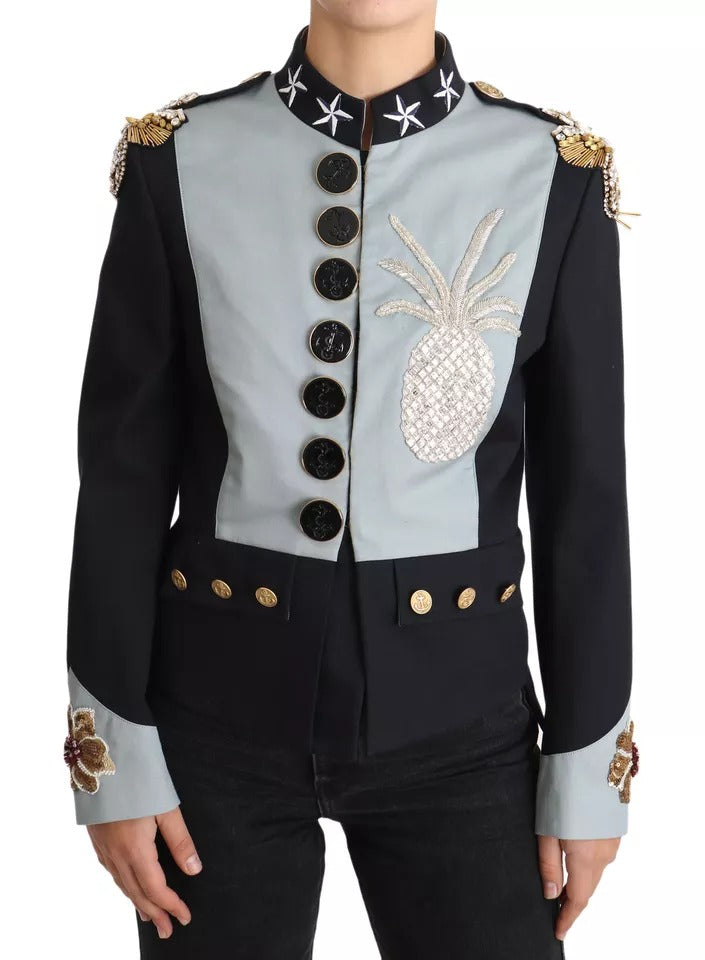 Dolce &amp; Gabbana – Blaue Baumwolljacke mit Knöpfen und Kristallverzierung