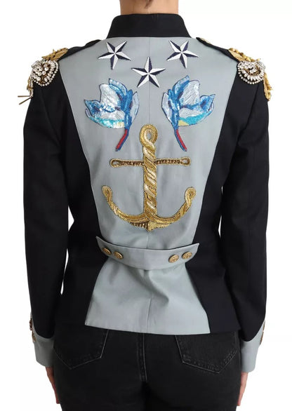 Dolce &amp; Gabbana – Blaue Baumwolljacke mit Knöpfen und Kristallverzierung