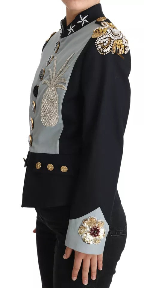Dolce &amp; Gabbana – Blaue Baumwolljacke mit Knöpfen und Kristallverzierung