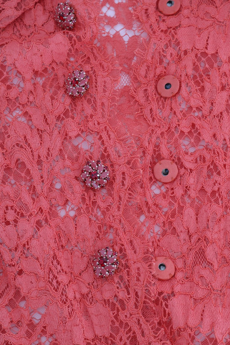Dolce &amp; Gabbana – Orangefarbene Bluse mit Blumenspitze und Kristallknöpfen