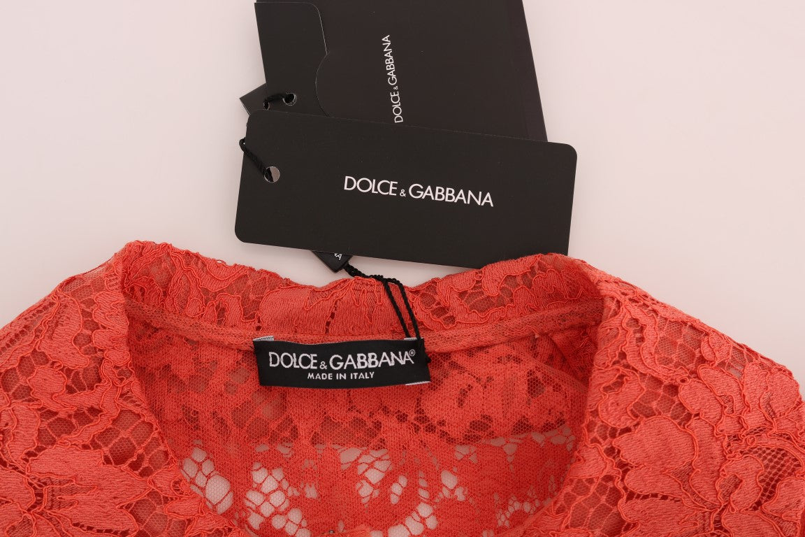 Dolce &amp; Gabbana – Orangefarbene Bluse mit Blumenspitze und Kristallknöpfen