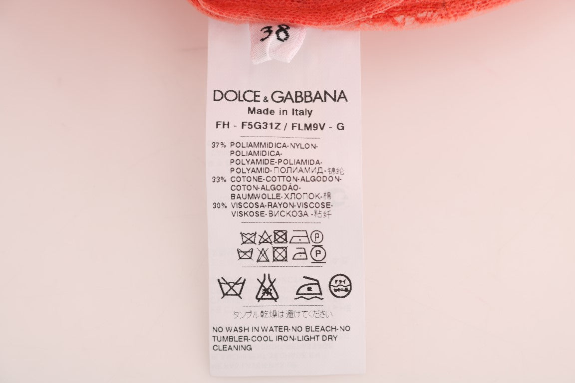 Dolce &amp; Gabbana – Orangefarbene Bluse mit Blumenspitze und Kristallknöpfen