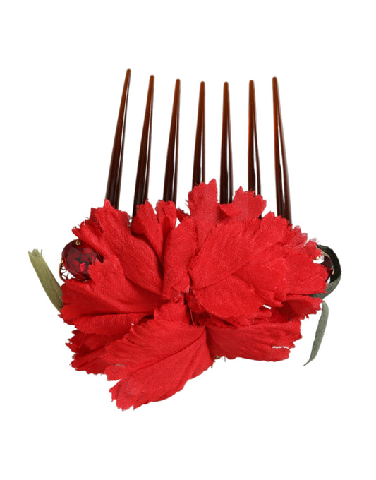 Dolce &amp; Gabbana – Haarkamm aus roter Seide mit Blumenmuster und goldenem Messing für Damen