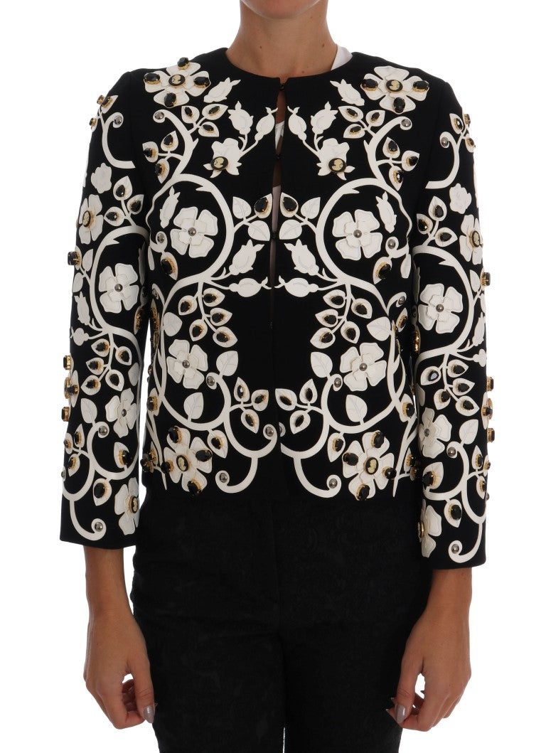 Dolce &amp; Gabbana Schwarze Jacke mit Barock-Blumen und Kristallen