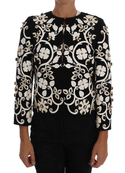 Dolce &amp; Gabbana Schwarze Jacke mit Barock-Blumen und Kristallen