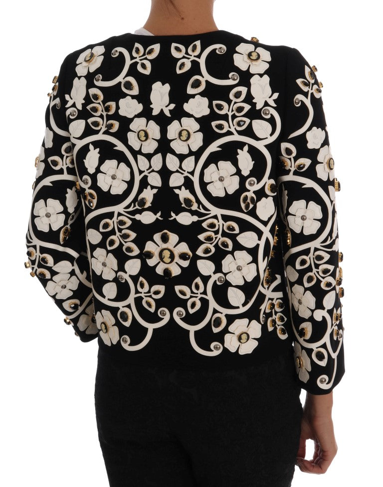 Dolce &amp; Gabbana Schwarze Jacke mit Barock-Blumen und Kristallen