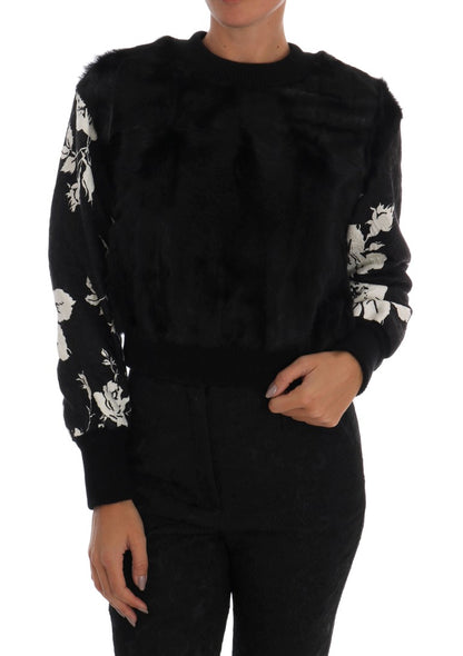 Dolce &amp; Gabbana – Schwarzer Pullover mit Reißverschluss aus Brokat mit Blumenmuster und Pelz