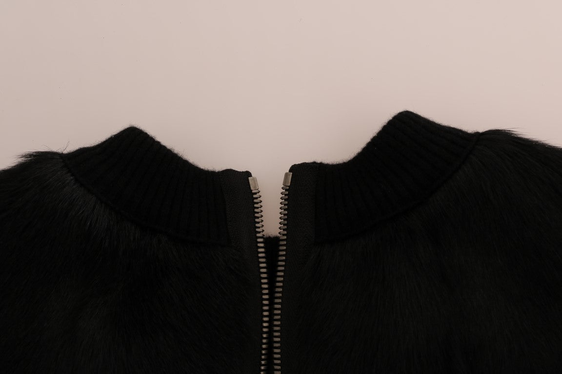 Dolce &amp; Gabbana – Schwarzer Pullover mit Reißverschluss aus Brokat mit Blumenmuster und Pelz
