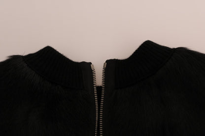 Dolce &amp; Gabbana – Schwarzer Pullover mit Reißverschluss aus Brokat mit Blumenmuster und Pelz