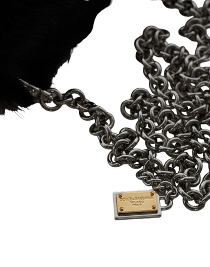 Dolce &amp; Gabbana – Umhängetasche mit silberner Kette und Kunstfell in Schwarz
