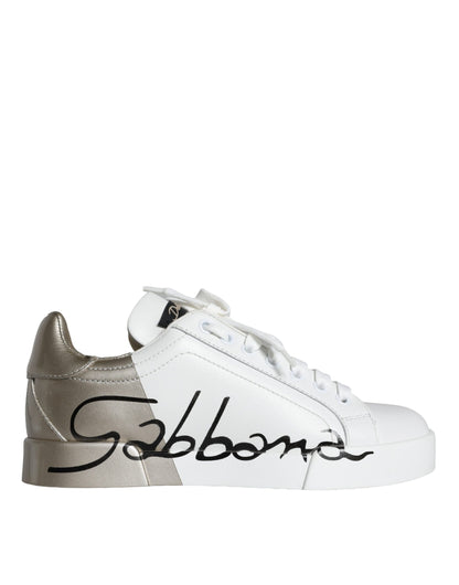 Dolce &amp; Gabbana Weißgold Portofino Low Top Leder Sneakers Schuhe