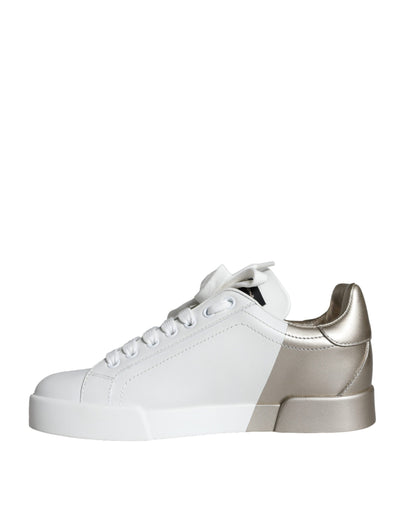 Dolce &amp; Gabbana Weißgold Portofino Low Top Leder Sneakers Schuhe