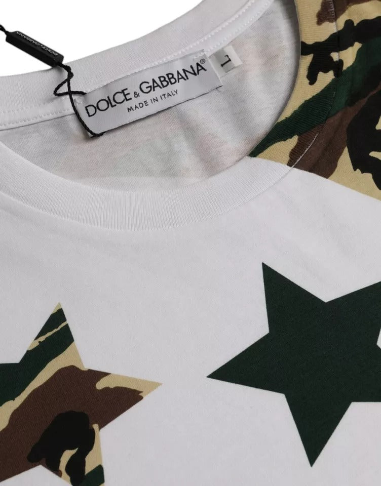 Dolce &amp; Gabbana – Weißes T-Shirt mit Rundhalsausschnitt und Camouflage-Sternen