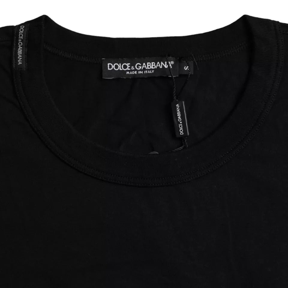 Dolce &amp; Gabbana – Schwarzes Baumwoll-T-Shirt mit Rundhalsausschnitt und Logoprägung
