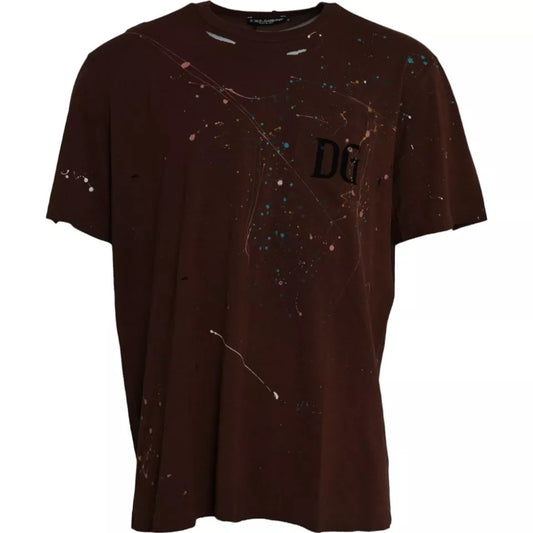 Dolce &amp; Gabbana Braunes T-Shirt aus Baumwolle mit Farbspritzern und Rundhalsausschnitt