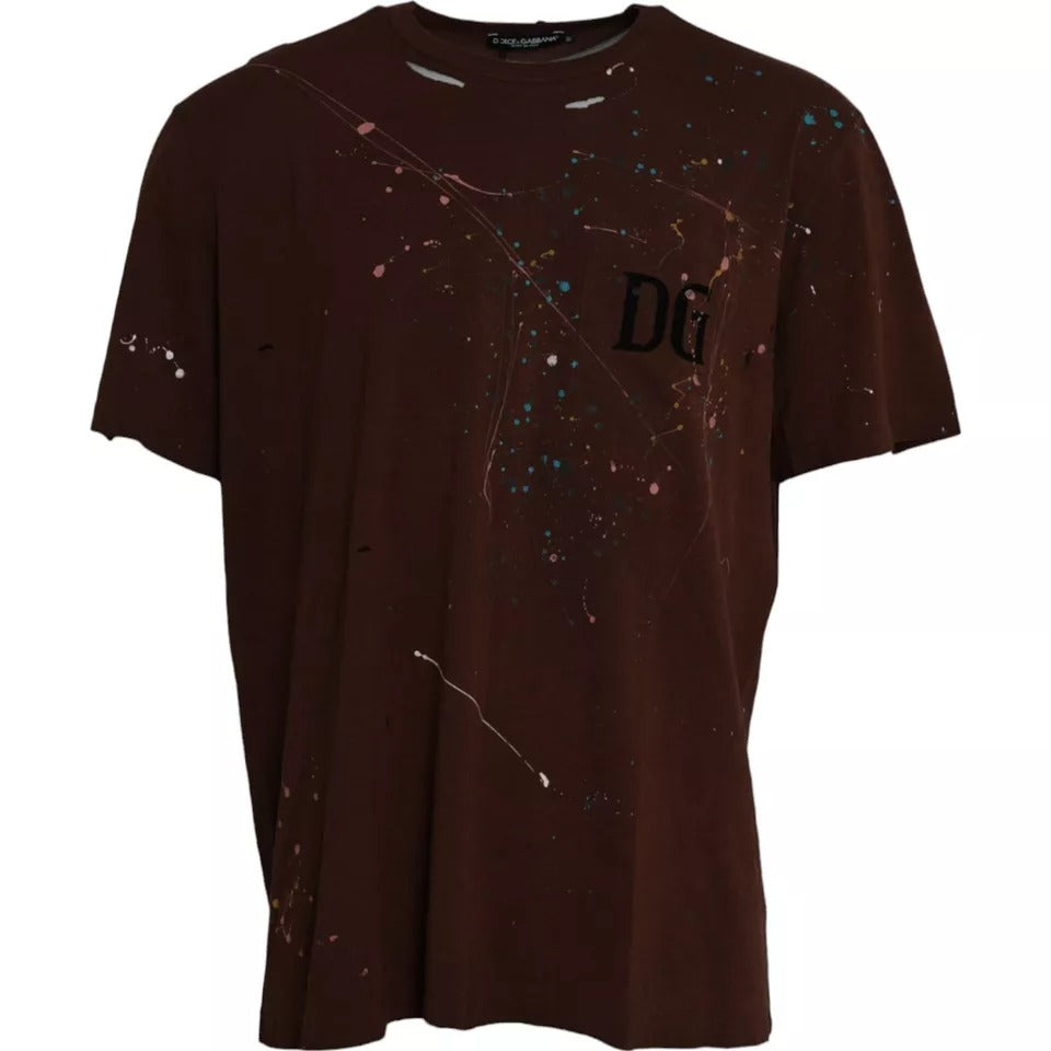 Dolce &amp; Gabbana Braunes T-Shirt aus Baumwolle mit Farbspritzern und Rundhalsausschnitt