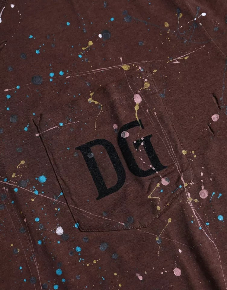 Dolce &amp; Gabbana Braunes T-Shirt aus Baumwolle mit Farbspritzern und Rundhalsausschnitt