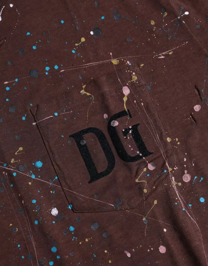Dolce &amp; Gabbana Braunes T-Shirt aus Baumwolle mit Farbspritzern und Rundhalsausschnitt