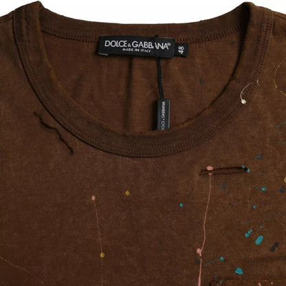 Dolce &amp; Gabbana Braunes T-Shirt aus Baumwolle mit Farbspritzern und Rundhalsausschnitt