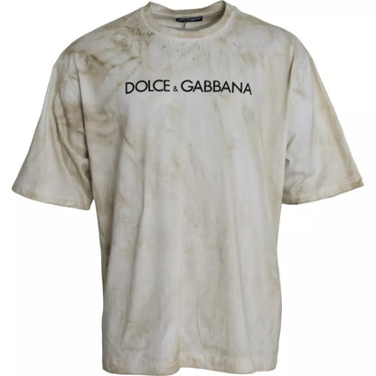 Dolce &amp; Gabbana – T-Shirt aus Baumwolle mit Rundhalsausschnitt und Logo in Off-White