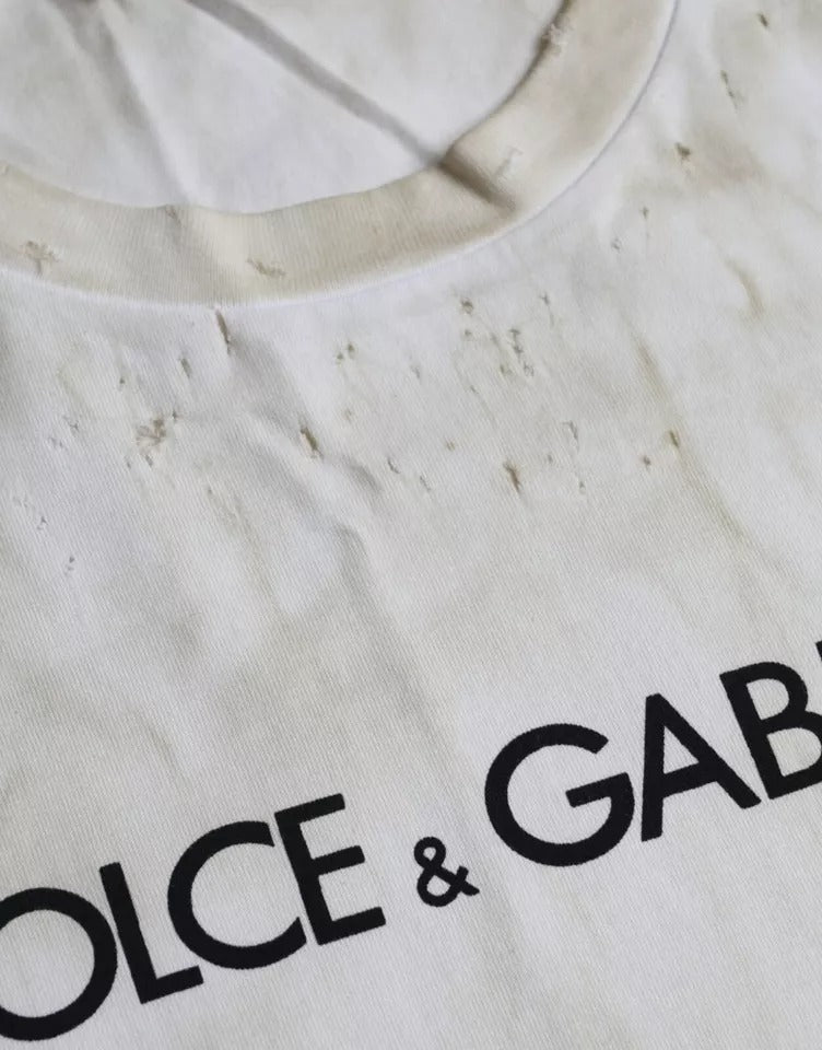Dolce &amp; Gabbana – T-Shirt aus Baumwolle mit Rundhalsausschnitt und Logo in Off-White
