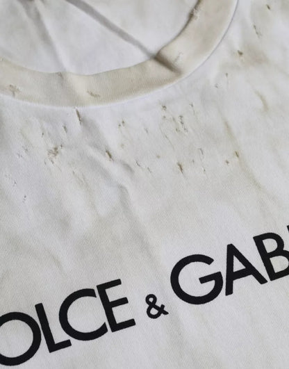 Dolce &amp; Gabbana – T-Shirt aus Baumwolle mit Rundhalsausschnitt und Logo in Off-White