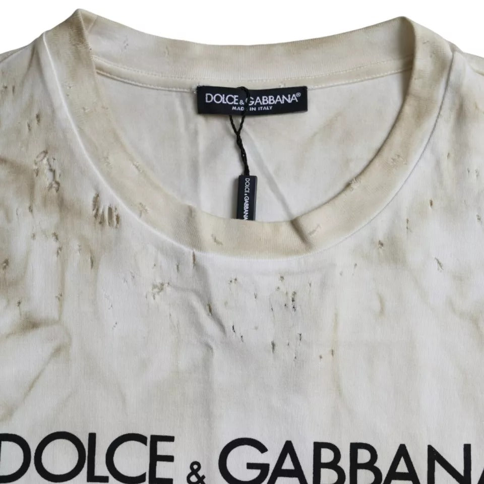 Dolce &amp; Gabbana – T-Shirt aus Baumwolle mit Rundhalsausschnitt und Logo in Off-White