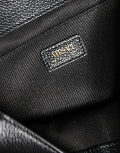 Versace – Schwarze Umhängetasche aus genarbtem Kalbsleder mit Griff oben