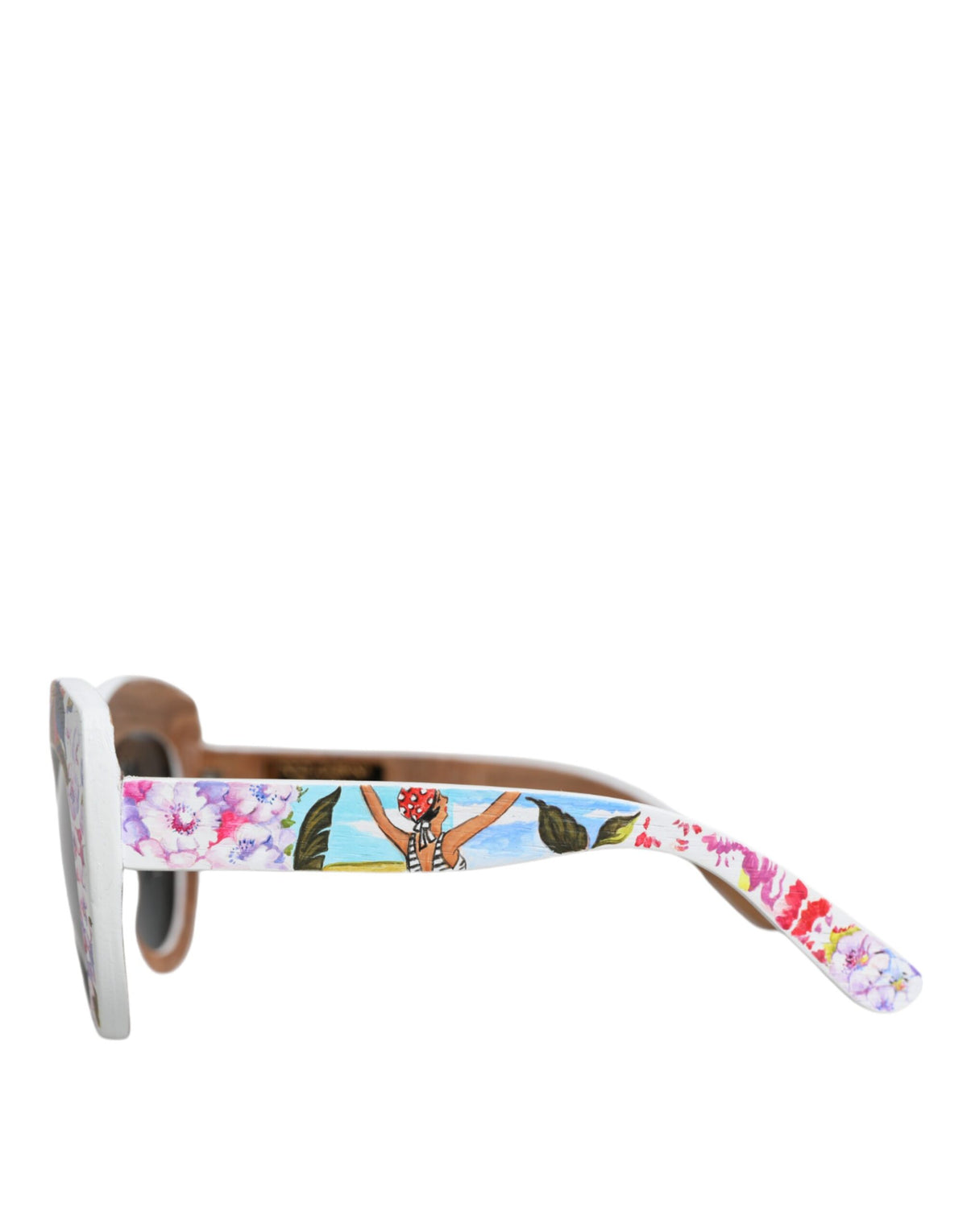 Dolce &amp; Gabbana Sonnenbrille mit mehrfarbigem Holz- und Kristallrahmen aus Messing und handbemaltem Blumenmuster